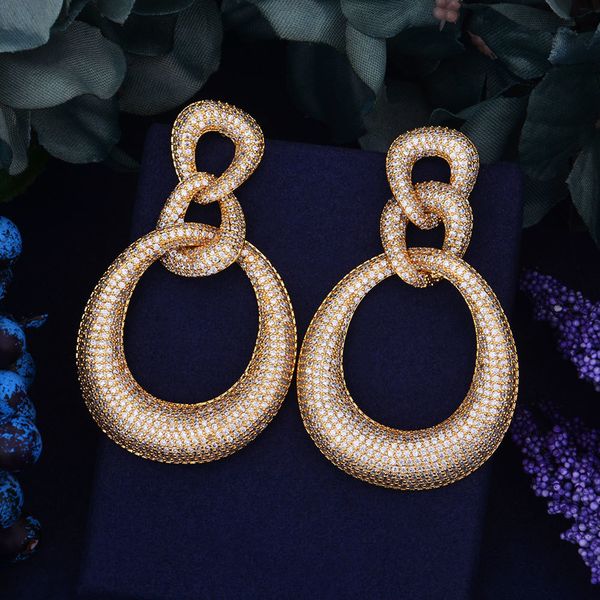 

godki luxury 68mm long big delicate luxury gemoetric water drop cubic zirconia party wedding saudi arabic dubai earrings, Silver