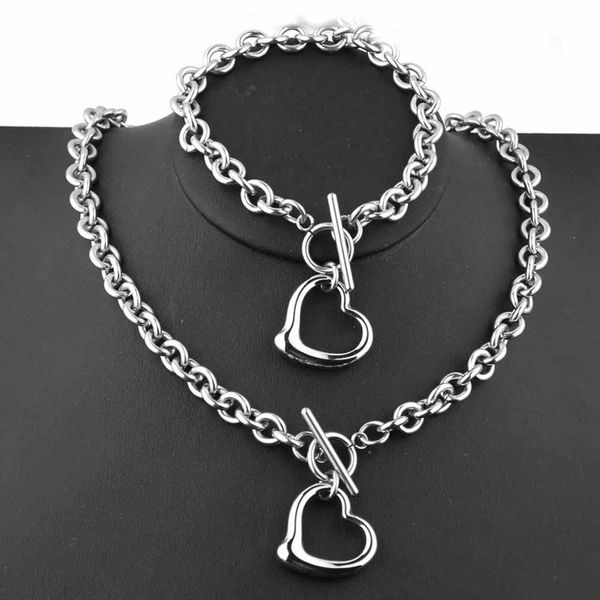 

2pcs/set hollow heart charm rolo chain toggle bracelet necklace women jewelry hot, Silver