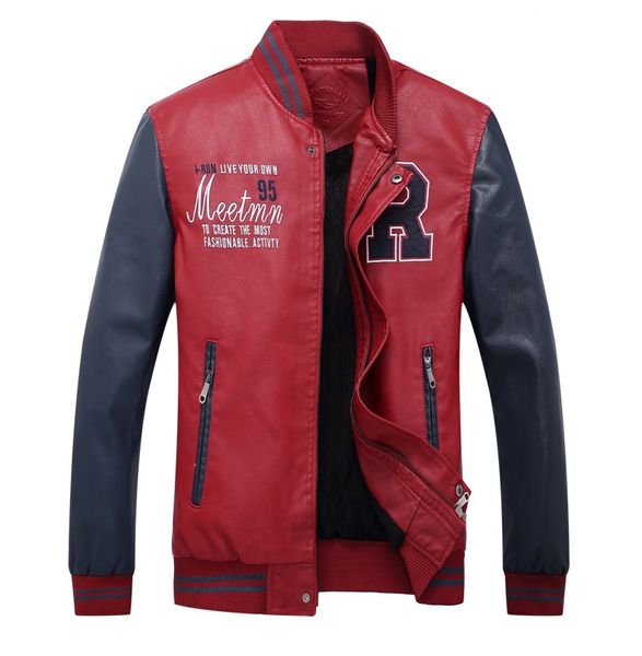 

men baseball jacket embroidered leather pu coats slim fit college fleece luxury pilot jackets men's stand collar jacket coat, Black