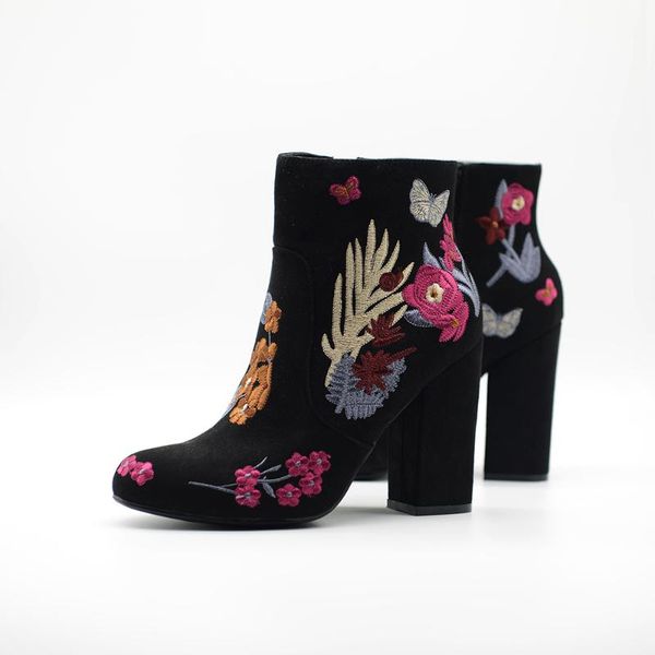 

women boots high heels autumn shoes ankle pu leather embroidery zipper booties black winter boots pointed toe