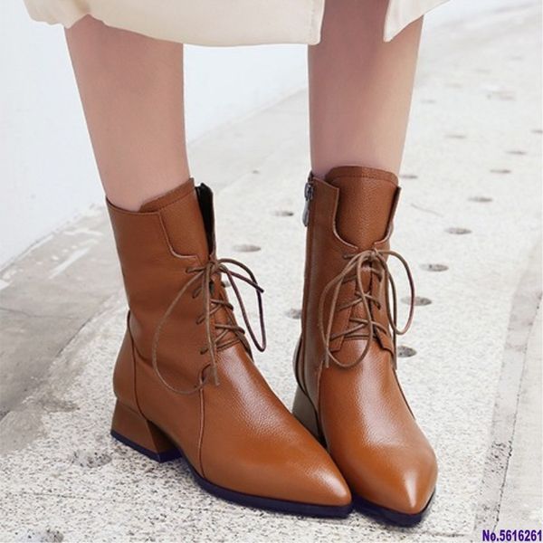 

autumn winter boots women faux leather lace up ladies shoes pointed toe low heels woman boots plus size zapatos de mujer, Black
