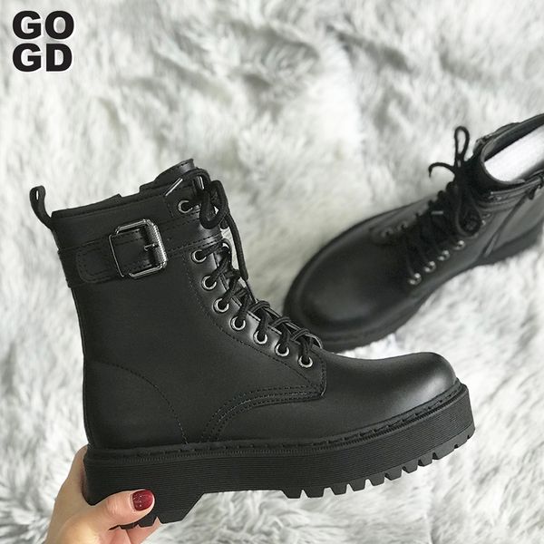 

gogd] boots female 2020 new autumn british wind genuine leather thick with short boots motorcycle women shoes, Black