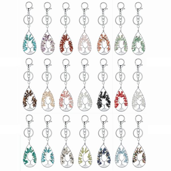 

12pcs handmade wire wrapped chip stone life of tree pendant keychain 7 chakras healing crystals key ring chain for women car door, Silver