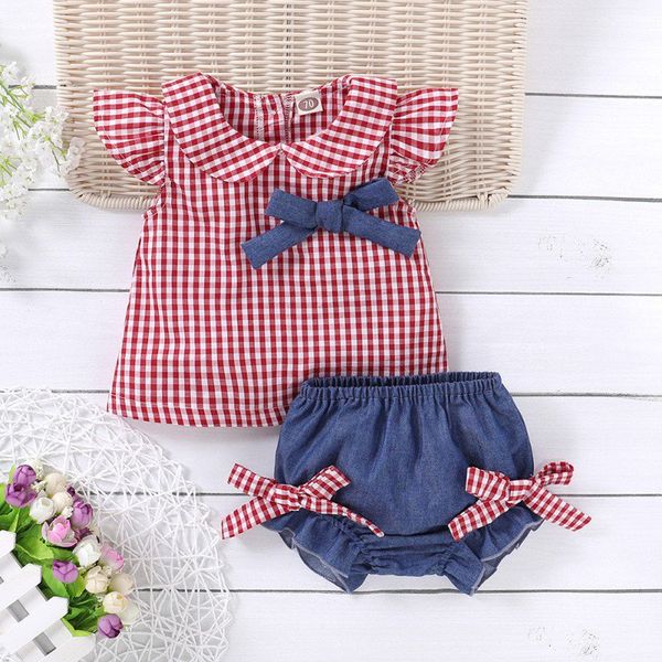 

summer children baby girl shorts set newborn baby clothes set flare sleeve casual plaid print vest +shorts outfits, White