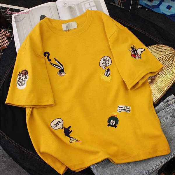 

корейский мультфильм вышивка o шеи утолщенные с коротким рукавом футболка половина рукава основные tshirt весна осень зима полиэстер ulzzang, White