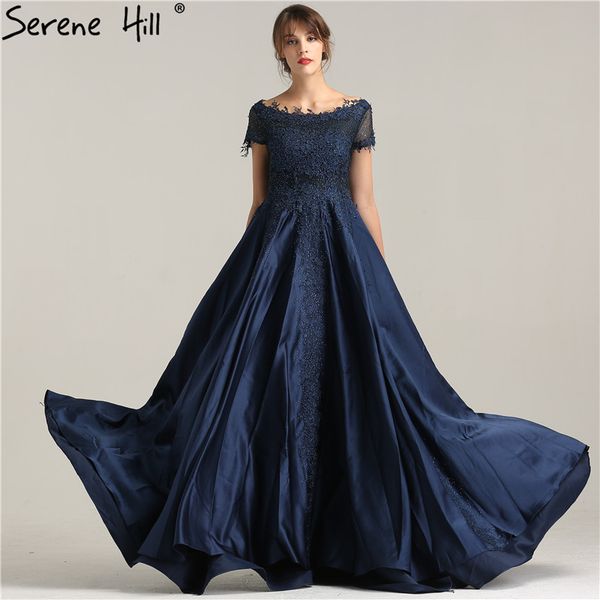

new fashion navy blue a-line evening dresses 2019 crystal luxury satin women evening dress real p la6257, White;black