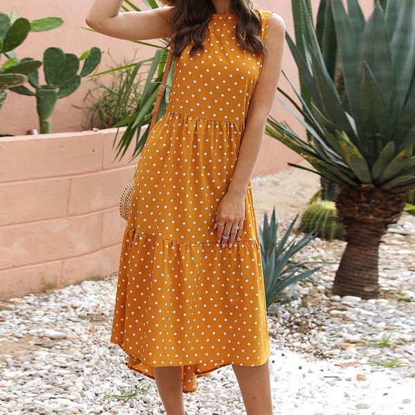 

2020 новый летний boho женщины длиной до колена платье дамы точка печати спинки оборками рукавов пляжный отдых сарафан vestidos#j30, Black;gray