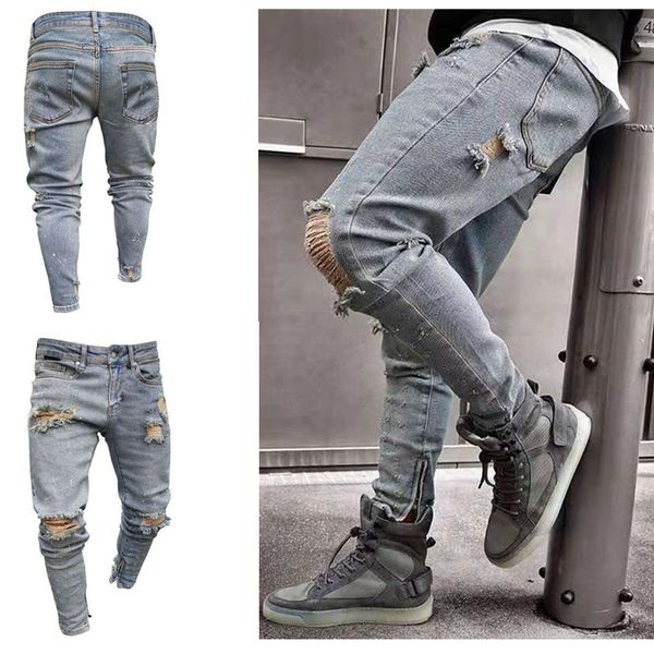 

cross-border for 2019 men's hole feet jeans europe and america small feet zipper jeans new men's article number nk64, Blue