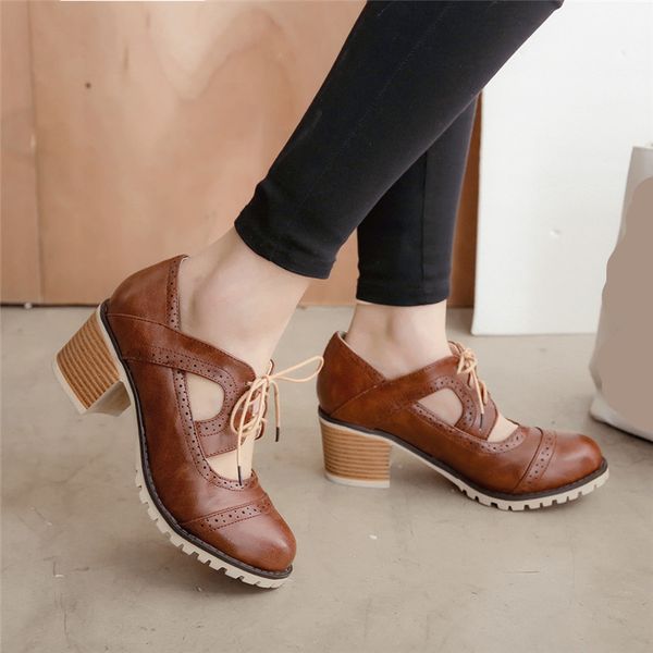 

ymechic 2019 rome cross tied vintage block high heels pumps brogue ladies mary jane shoes black brown plus size punk shoes woman, Black;white