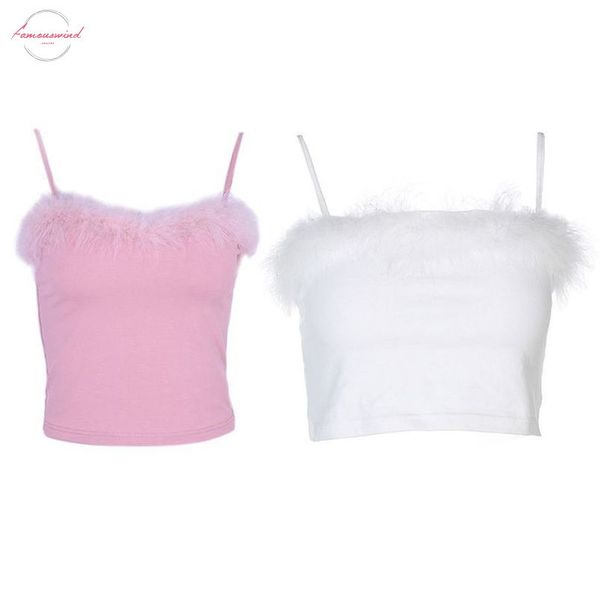 

tank womens spaghetti strap feather fluffy plush trim crop bandeau camisole pink, white