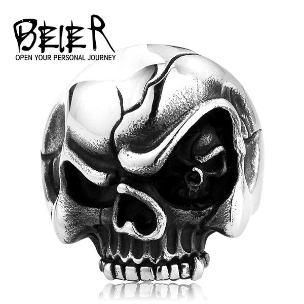 

beier skull eye evil personlity biker stainless steel rings man punk gothic style jewelry br8-483us size, Golden;silver