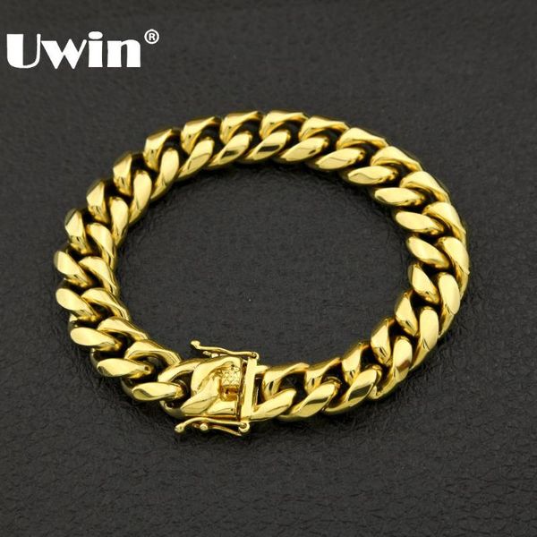 

uwin mens curb cuban link bracelet box clasp stainless steel bangles 8/10/14mm fashion hiphop jewelry drop shipping wholesale, Black