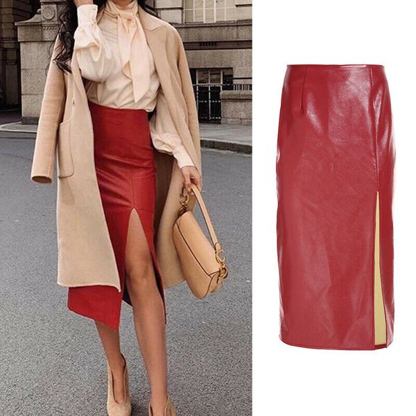 

women split wrap skirt high waist slim pu leather bottom skirt clothes office lady pencil bodycon skirts, Black