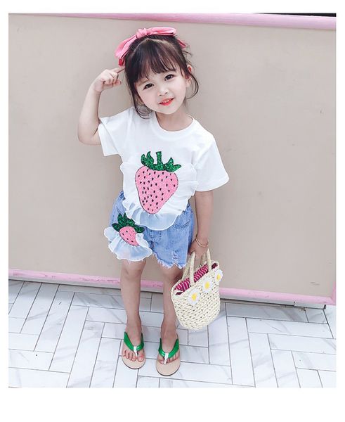

kids clothes baby girl set short sleeve t-shirt denim short pants summer 2pcs strawberry sequins stitching casual girls, White