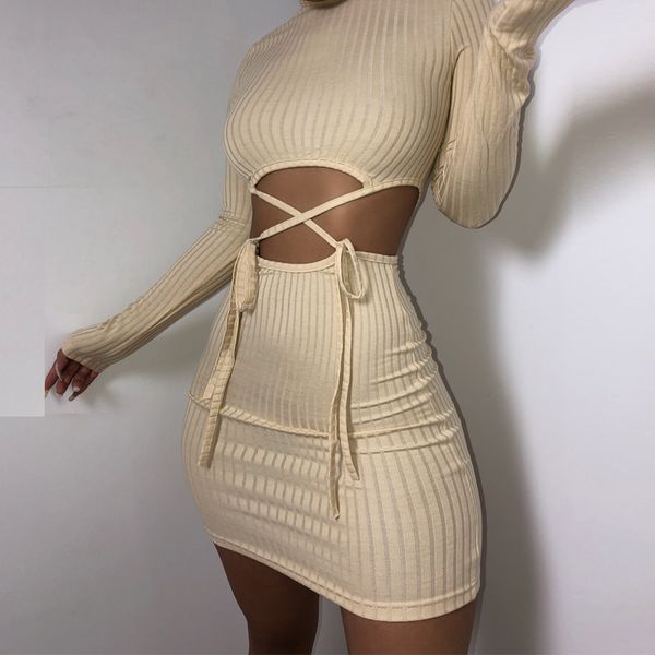 

kgfigu women knit dress 2019 autumn long sleeve khaki slimming bodycon dresses ribbed vestidos drop shipping, Black;gray