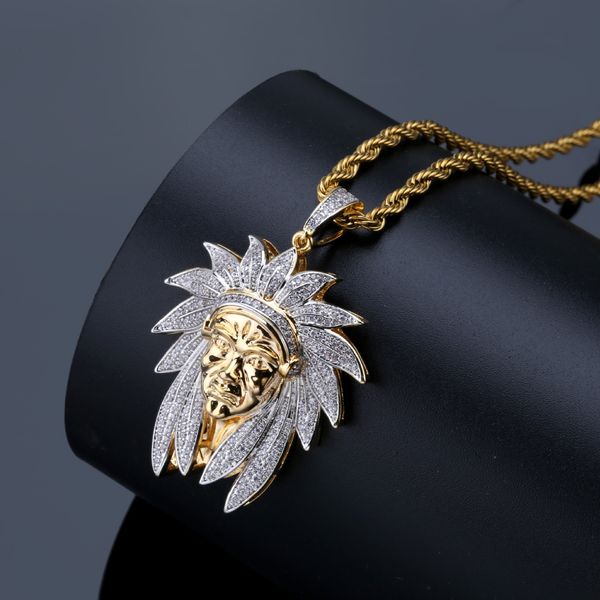 

iced out 18k gold plated bling cz simulated diamond necklace vintage indian chiefs head pendant hip hop rapper chain necklace for men women, Silver
