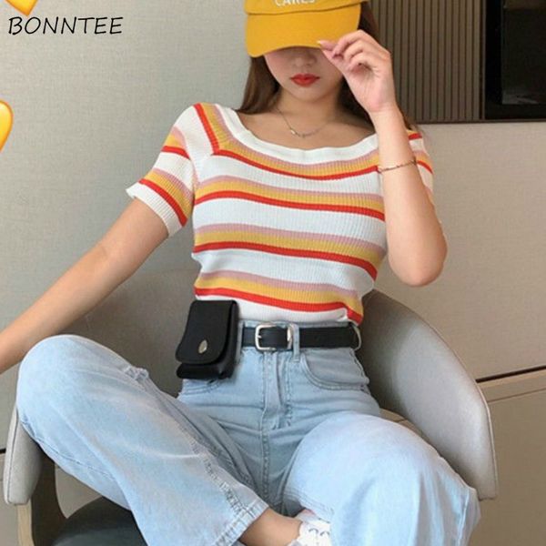 

t-shirts womens summer rainbow striped candy color slash neck knitting girlish preppy style slim chic trendy 2020 new, White