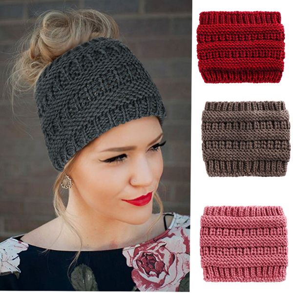 

winter warm beanie elastic hat fashion wool knit cap women ponytail hat for gift 12 colors