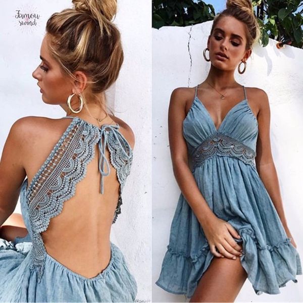 

летнее платье sexy crochet плиссированные платья lace ремень v шеи женщины backless рукавов выдалбливают короткие бич платья партии vestidos, Black;gray