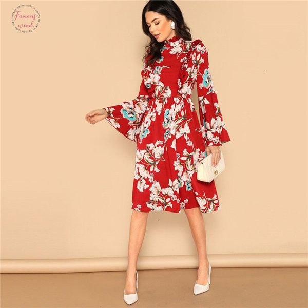

ruffle detail bell sleeve red dress flower print high waist knee length vacation dress 2019 spring women elegant vintage dresses dress, Black;gray