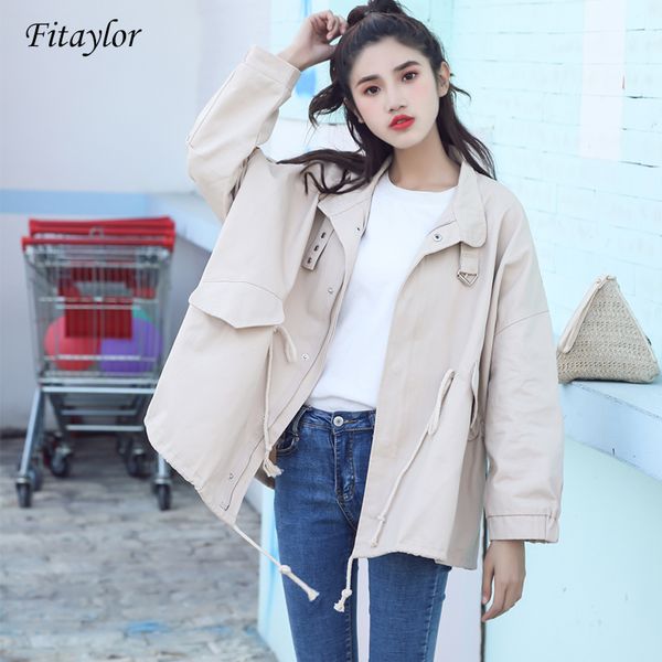 

fitaylor spring autumn trench coats women casual long sleeve tie up female zipper windbreaker coat loose outerwear, Tan;black