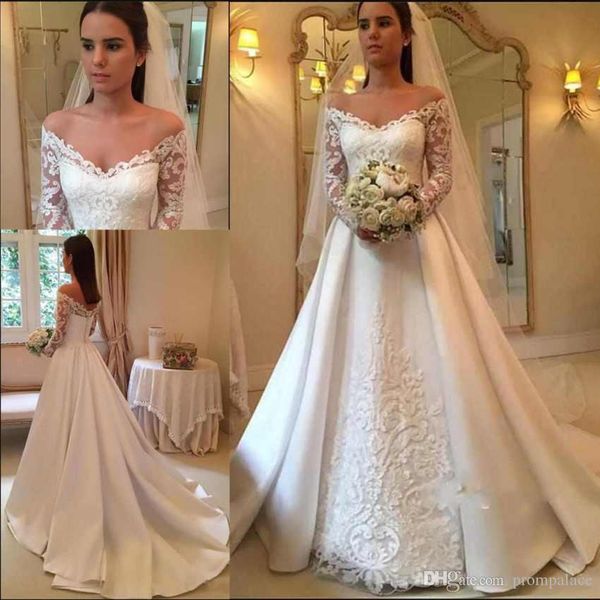 Abiti da sposa vintage modesti online con maniche lunghe in pizzo con applicazioni in raso con spalle scoperte Abiti da sposa taglie forti