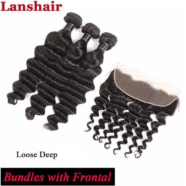 

malaysian loose deep hair with closure malaysian hair bundles with frontal unprocessed human hair weaves bundles with 13x4 frontal closure, Black