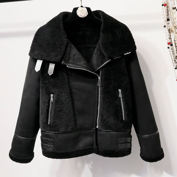 

women winter new thick flocking warm parka female fashion black turn down collar jacket loose long sleeve motorcycle coat z476