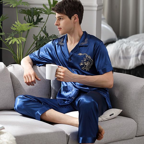 

brand men's stain silk pajama set short sleeve & long pants dragon men pijamas modern style soft home clothing loungewear, Black;brown