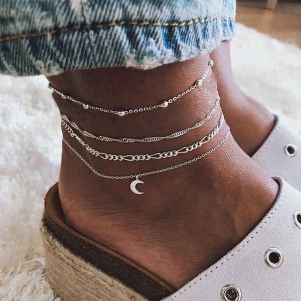 

en vintage silver color moon pendant anklet set for women adjustable charming multilayer foot chains anklet tobillera, Red;blue