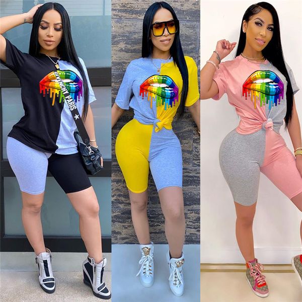 

women color block patchwork 2 piece outfits rainbow lips printed tracksuit t-shirt pullover + shorts sets sport suits d52207cz, White