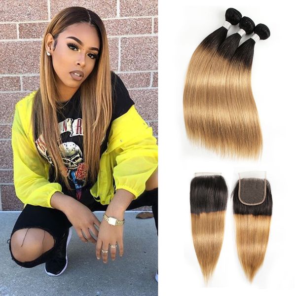 

Peruvian Silky Straight Hair Bundles With Closure Color 1b 27 Ombre Honey Blonde 3 Bundles with 4*4 Lace Closure Remy Human Hair Extensions
