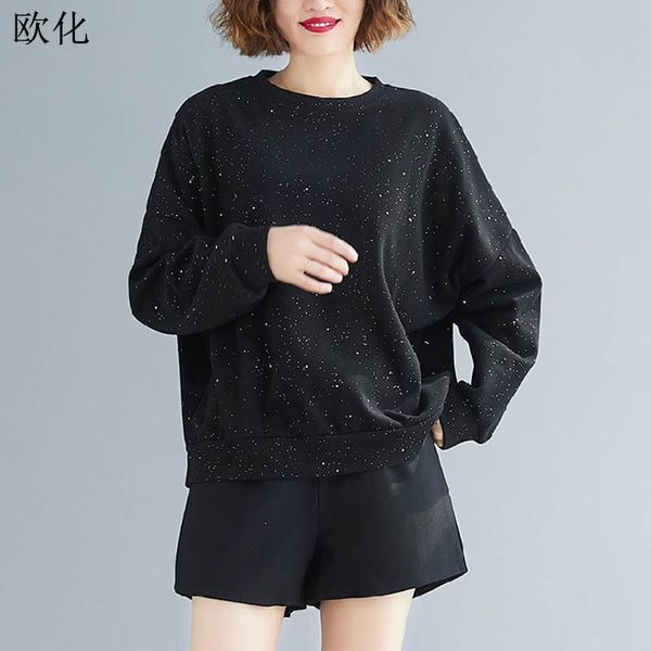 

plus size sequins women t shirts 2020 spring summer new long sleeve batwing black cotton t-shirts big size loose casual tee, White