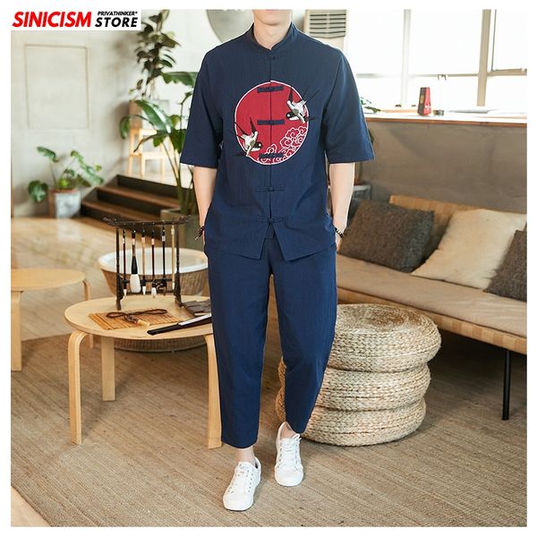 

sinicism маркета мужские наборы печати китайский стиль футболки лето tracksuit mens 2020 сыпучие пряжка рубашка льняной костюм одежда мужска, Gray