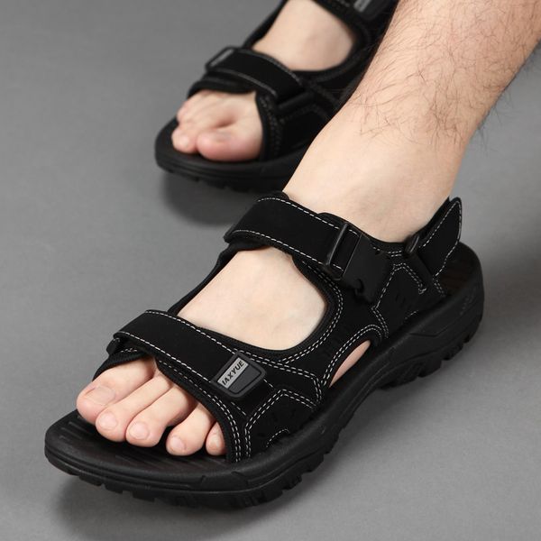 

solid leisure mens sandals summer beach flat hook loop casual shoes front rear strap basic sandalia hombre, Black