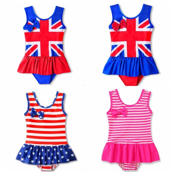 bandeira Bebés Meninas Swimwear UK American Girl Terno Uma Pieces Ruffled Crianças Swimsuit Crianças Swim Wear Verão Kids Clothing DHW3024