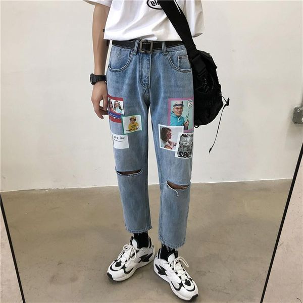 

2019 мужская мода отверстие повседневные брюки печать стрейч slim fit грузовой карман мыть джинсы хип-хоп синий цвет байкер джинсовые брюки, Black