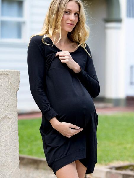 

fashion womens maternity dresses female black dress solid female long sleeves clothing, Black;gray