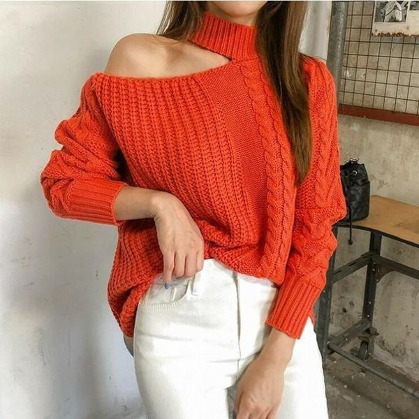 

winter women sweaters solid casual one shoulder pullover basic jumper female turtleneck knitted sweater, White;black