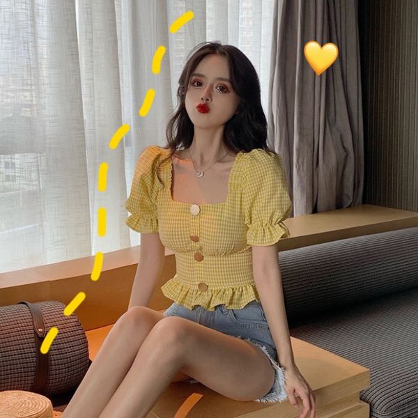 

womens 2020 summer new french court style yellow plaid temperament short waist square collar shirt top, White