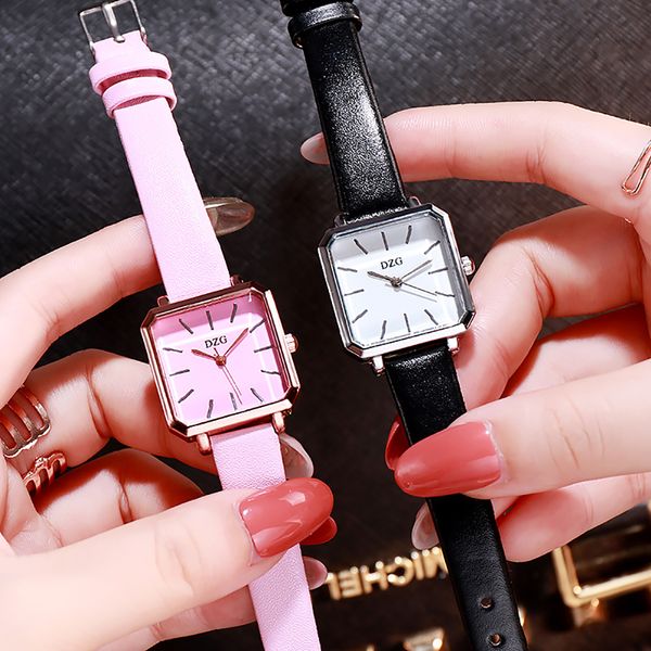 

dzg ladies watch leather bracelet clock women simple square alloy analog quartz retro wrist watch reloj delasseÃ±oras, Slivery;brown