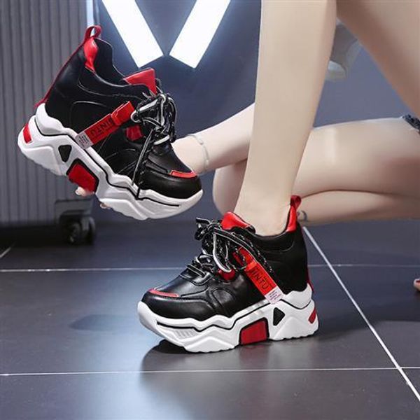 

net red daddy shoes female ins tide autumn 2019 european station thick bottom sponge cake increased small white shoes leather surface, Black