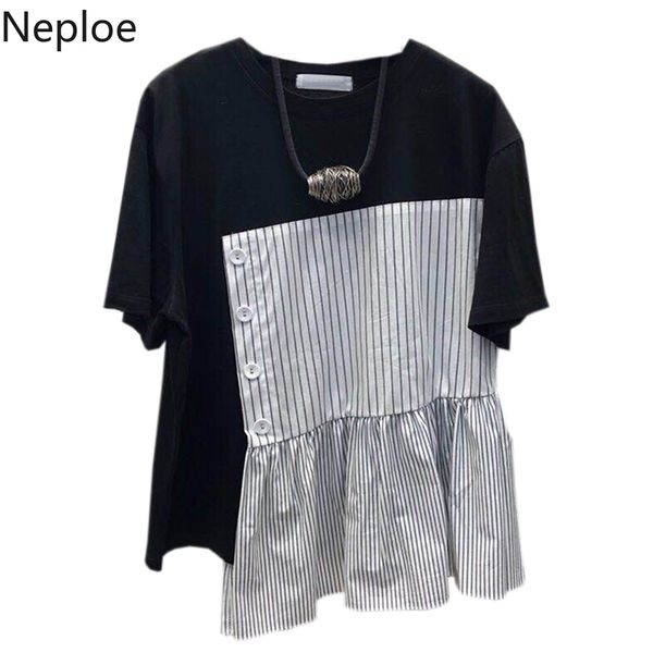 

neploe korean stripe ruffles patchwork t-shirt 2019 summer short sleeve irregular t shirts contrast color buttons tees 52924, White