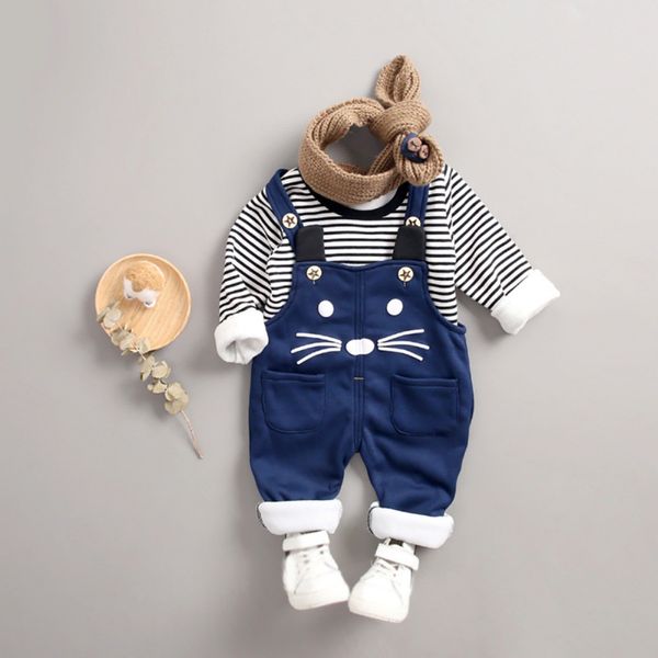 

autumn child toddler kids baby girls boys outfits clothes long sleeve striped t shirt cartoon suspenders pants casual sets, White