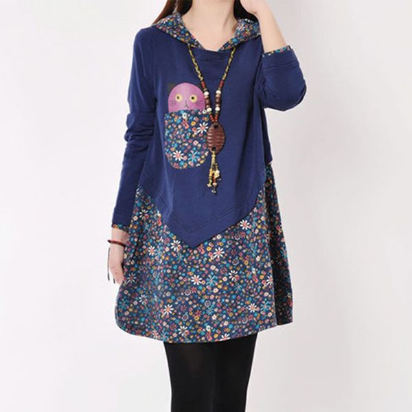 

autumn and winter women's korean version of the broken flower stitching cat long paragraph casual loose sweet fashion hoodies, Black