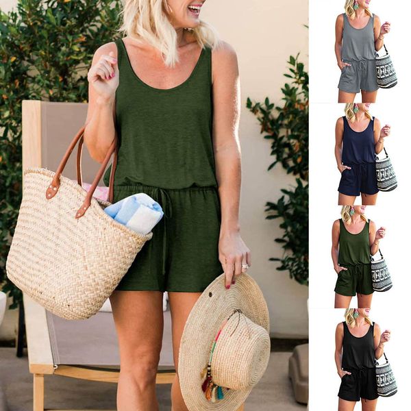 

women casual sleeveless scoop neck short jumpsuit playsuit for summer hh88, Black;white