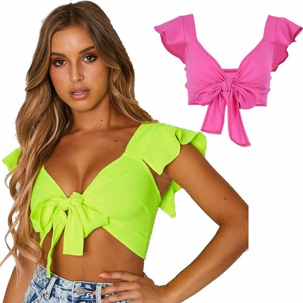 

new 2019 womens strappy bow tie boob bralet cami vest casual crop tank bralette ruffles beach slim vest wrapped base tee, White