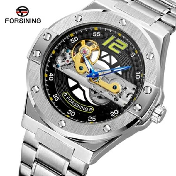 

forsining men's self-winding analog skeleton dial popular brand fashionable watch with stainless steel bracelet wristwatches, Slivery;brown