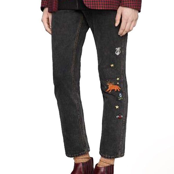 

20ss животные цветы трава вышивка джинсовые джинсы прямые черные брюки мужчины женщины пара модные брюки повседневная улица прохладный hfhlk, Blue