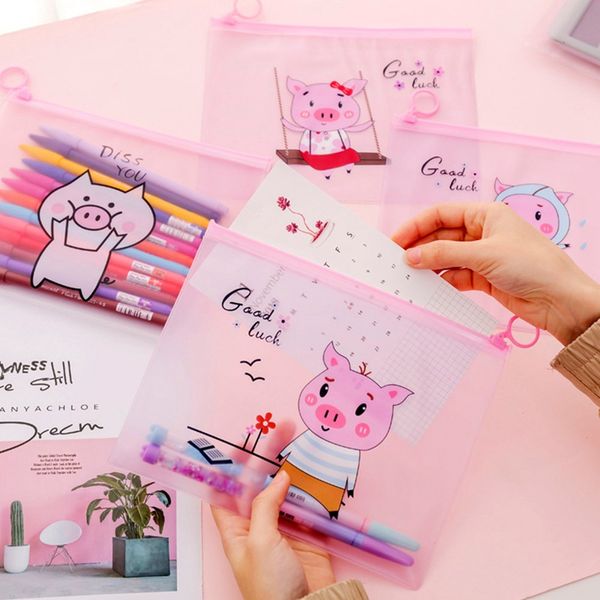 

kawaii cute pig transparent pencil case cosmetic bag school office supplies document bag file folder stationery organizer